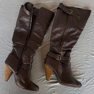 Wild Diva Dark Brown Leather Mid-Calf Heeled Riding Boots
